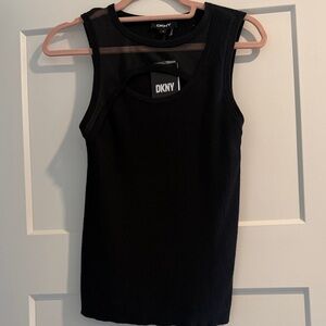 DKNY Black Ribbed Tank with Sheer Mesh Yoke